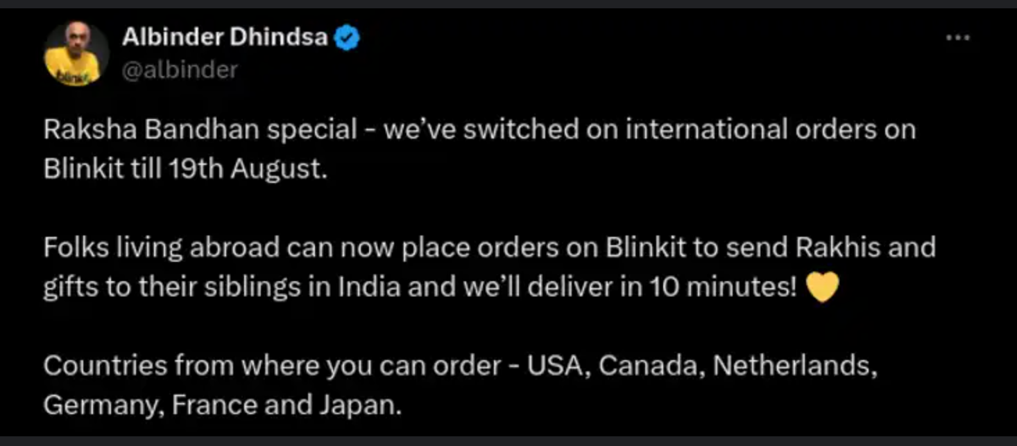 Blinkit’s International Delivery enables NRIs to send gifts and essentials to loved ones in India seamlessly, ensuring timely and hassle-free deliveries