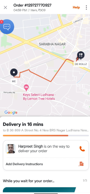 A customer tracking their food delivery in real-time on the Swiggy app, ensuring a seamless and stress-free post-order experience