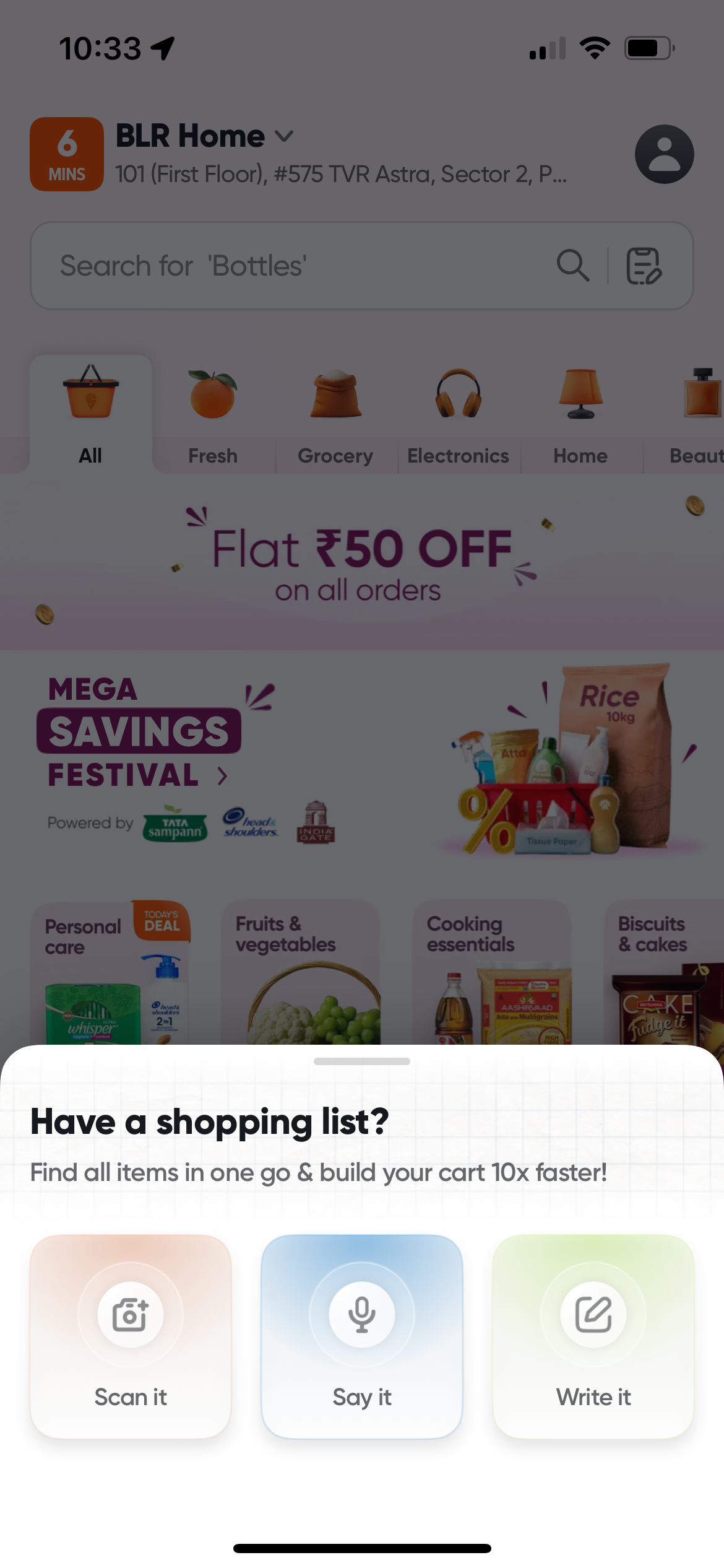 A user browsing Swiggy Instamart on their phone, using the Shopping List Search feature to quickly add groceries to their cart